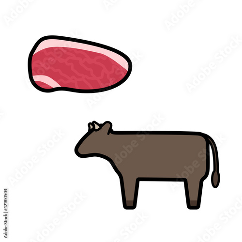 シンプルでかわいい肉牛と牛肉のイラストセット