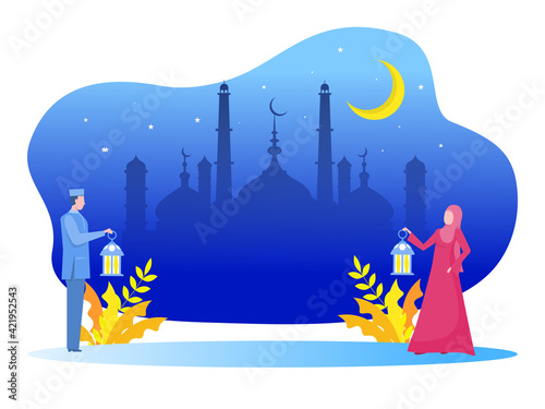 Muslim young man and woman bring lamp and walking to the mosque. Ramadan kareem illustration vector illustration
