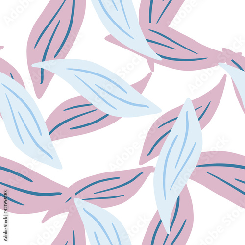 Isolated seamless pattern with blue and purple colored leaf elements ornament. White background. Random print.