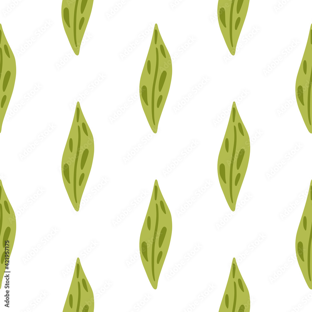 Isolated botanic seamless pattern with simple doodle green leaf ornament. White background. Simple style.