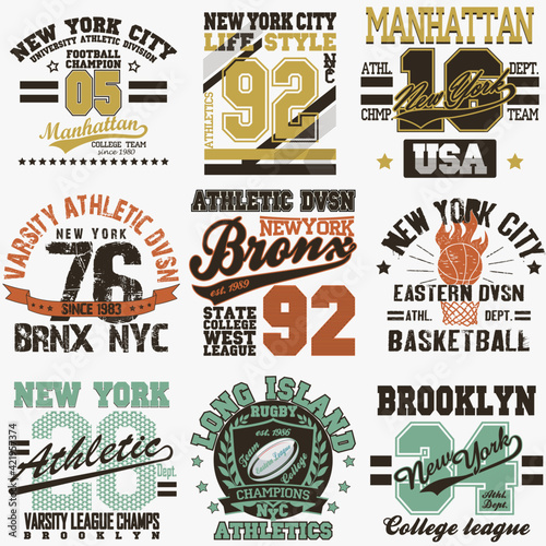 New York t-shirt set. T-shirt stamp graphic set. Sport wear typography emblem