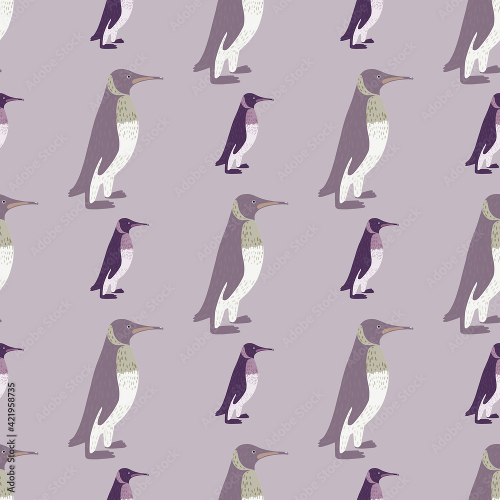 Fototapeta premium Pastel tones animal doodle seamless pattern with penguin ornament. Pale purple ornament. Doodle backdrop.