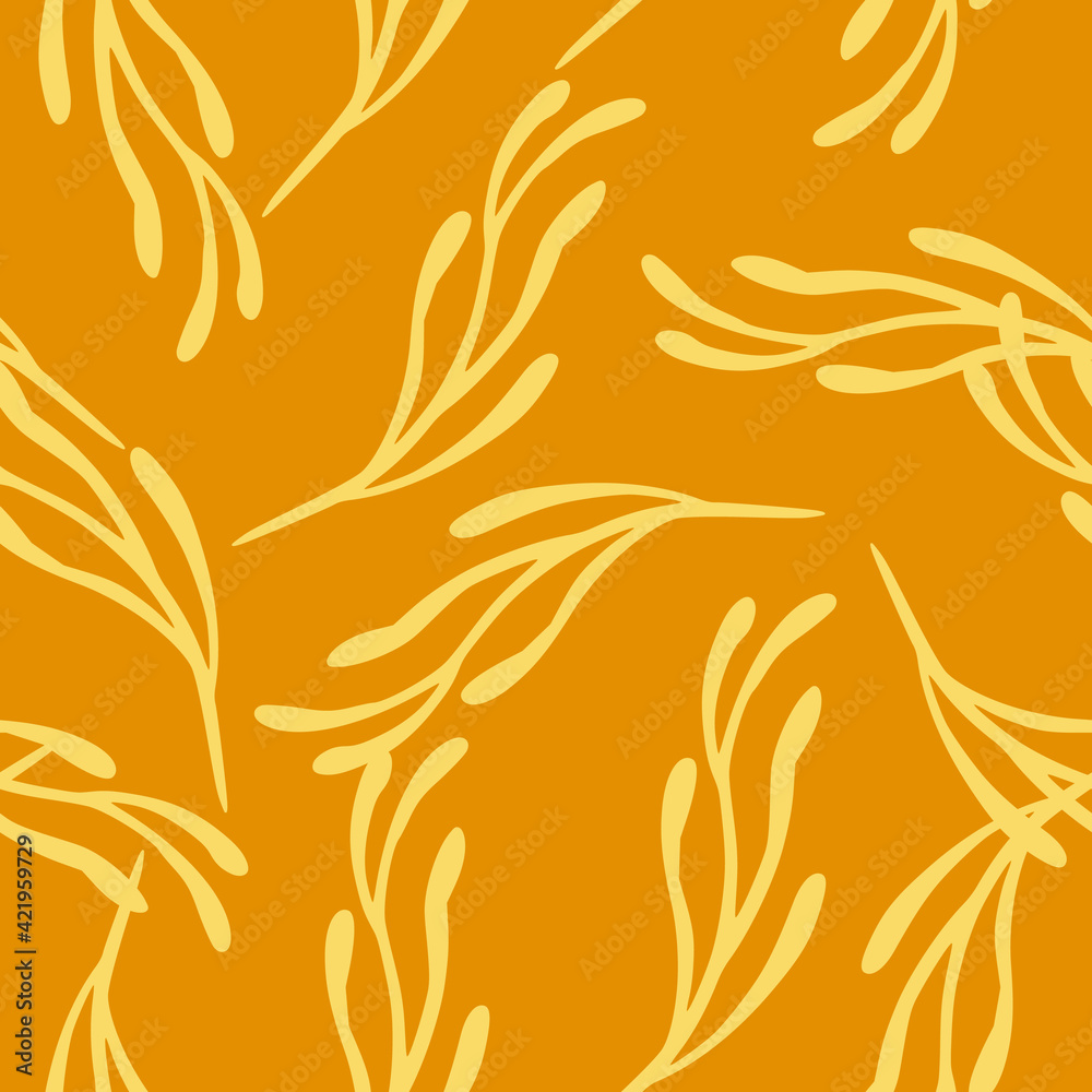 Fototapeta premium Seamless decorative pattern with yellow random elements. Orange background. Vintage botany artwork.