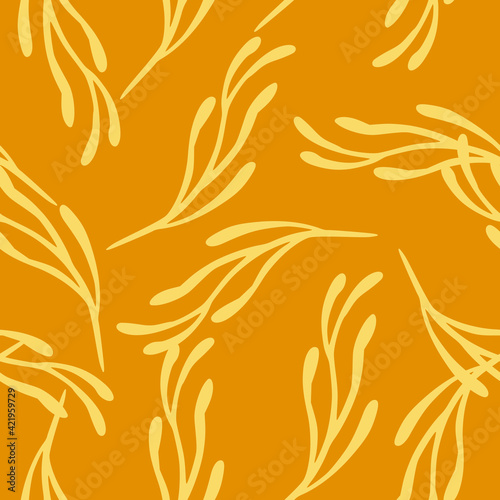 Seamless decorative pattern with yellow random elements. Orange background. Vintage botany artwork.