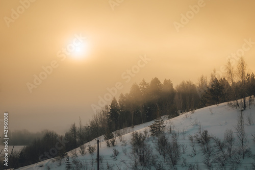 thick impenetrable fog covers the world around us in a mysterious frosty winter morning