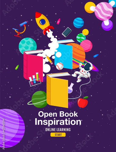 Book Inspiration, Online Learning, study from home, back to school, flat design vector.