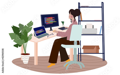 women work on computer development program software with flat cartoon style