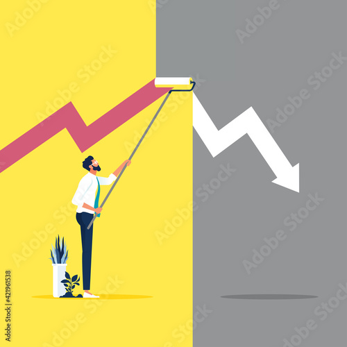Solve the problem-Crisis management metaphor concept, Business man painting growing graph with roller paint, Solve the problem