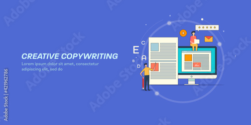 Content writing and development team working on brand message, digital marketing and social media publication. Freelance, blogger, article copywriting concept, web banner.