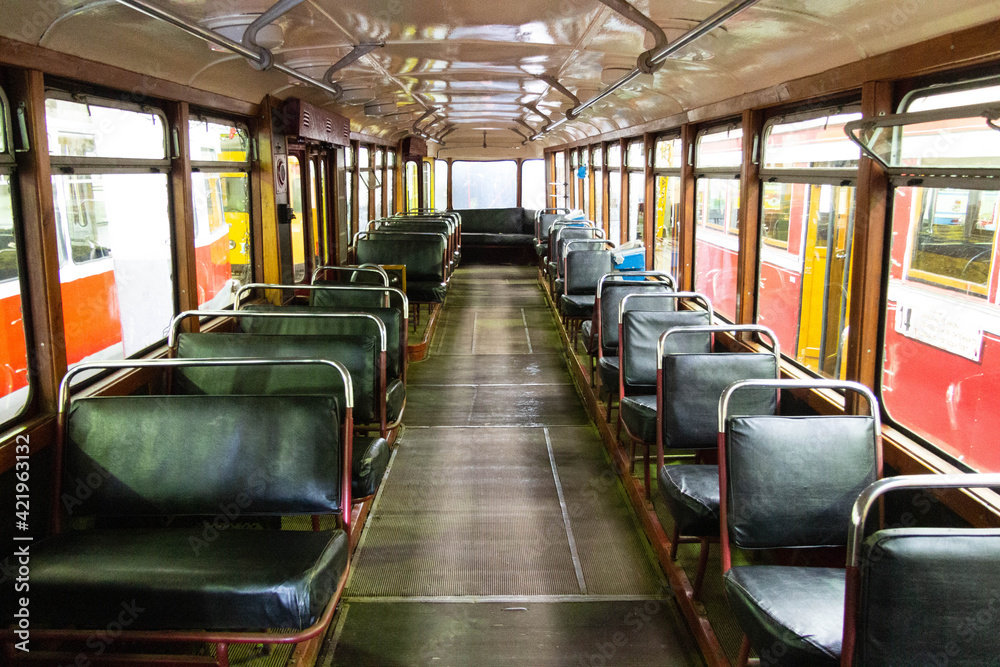 inside an old wooden tram