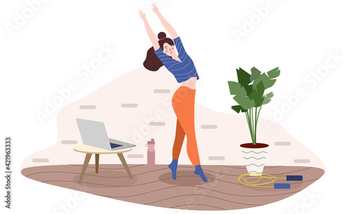 woman exercise aerobic online use laptop with flat cartoon style
