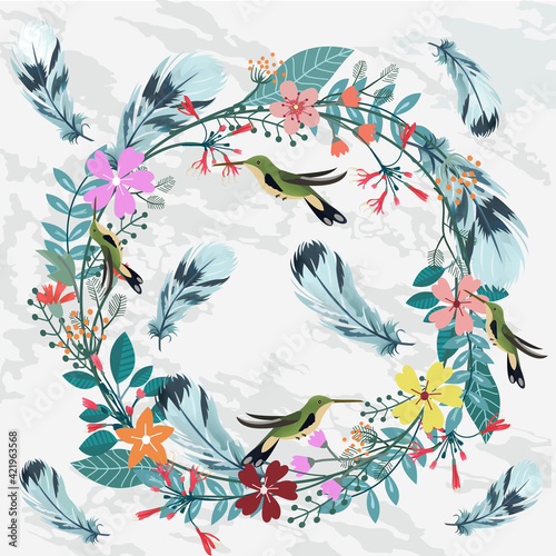 Beautiful floral wreath and blue feather.