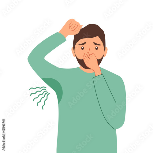 Terrible smell armpit concept vector illustration on white background. Man has bad smell and sweaty underarm. Bad body odor problem.