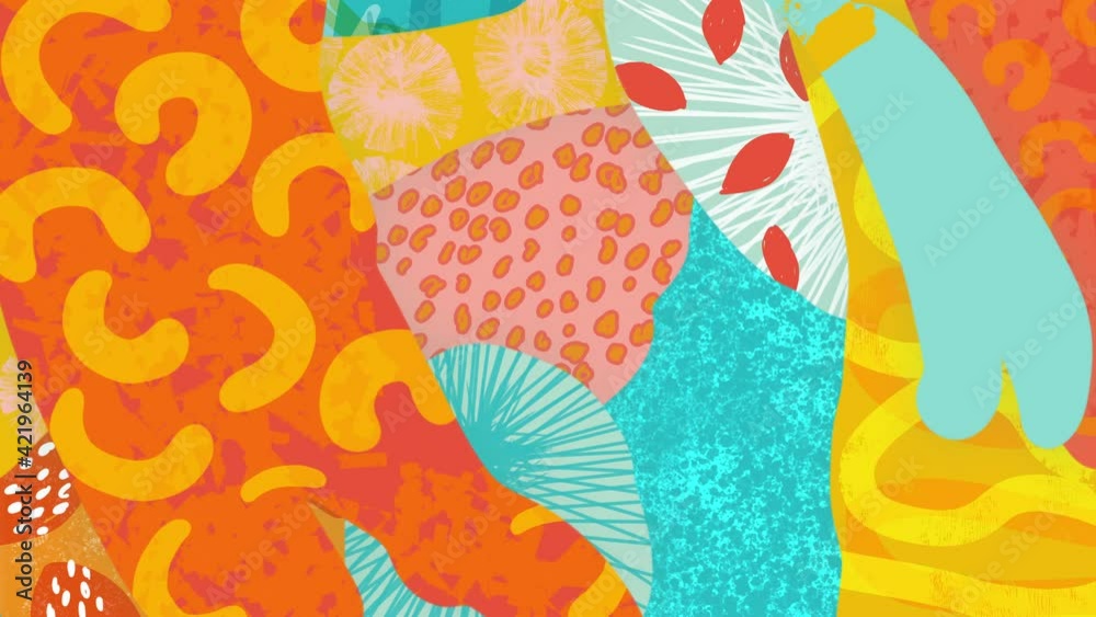 90s style abstract background loop. Hand drawn colorful shapes and scribbles. Animated painting, captured from digital brush strokes. Yellow, red, green. Fun trendy retro 90's animation.