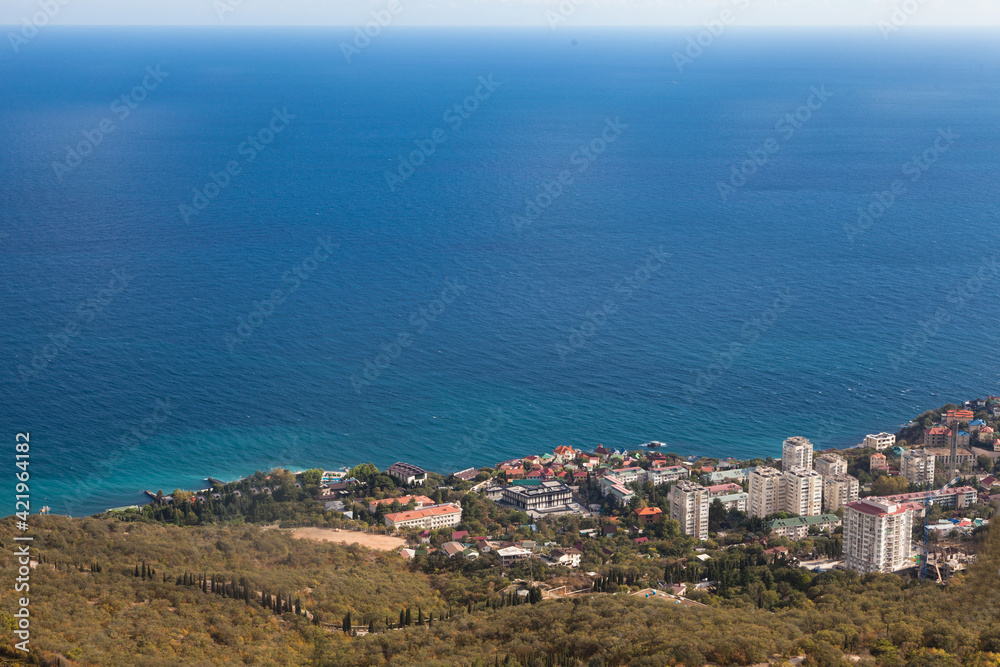 View of the city of Foros and the Black Sea in summer from the observation deck of the Foros Church. Travel concept.