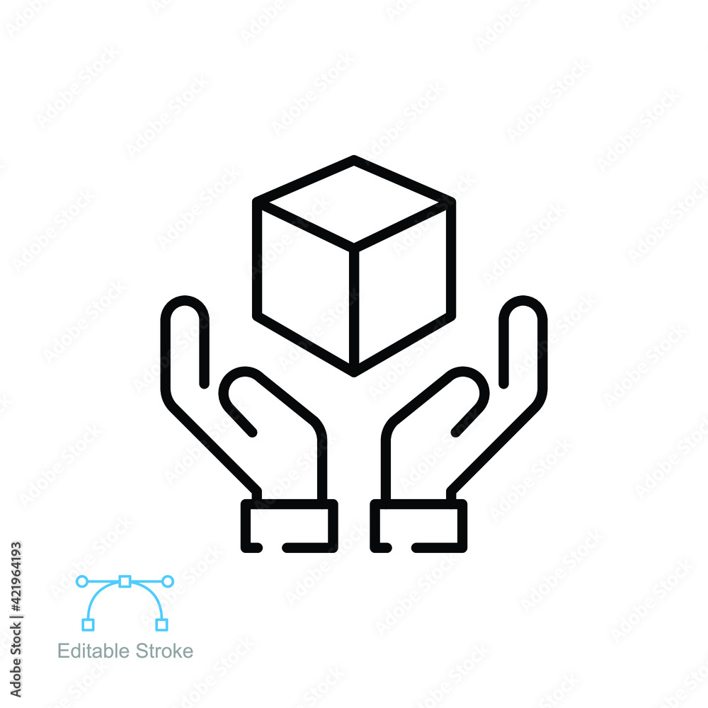 Hand fragile icon. Carrying a cardboard box delivery. Delivering Package. Postal service. Handle with care sign. Editable stroke outline style. vector illustration design on white background, EPS 10 Hand fragile icon. Carrying a cardboard box delivery. Delivering Package. Postal service. Handle with care sign. Editable stroke outline style. vector illustration design on white background, EPS 10