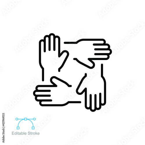 Four hands teamwork icon. Symbol of team work support., charity organization, donation community unity equality. Outline style. editable stroke. vector illustration design on white background EPS 10