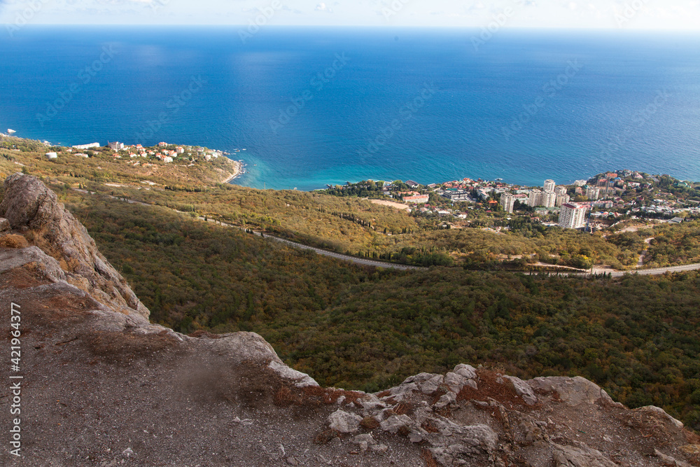 View of the city of Foros and the Black Sea in summer from the observation deck . Travel concept.