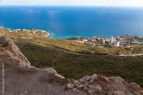 View of the city of Foros and the Black Sea in summer from the observation deck . Travel concept.