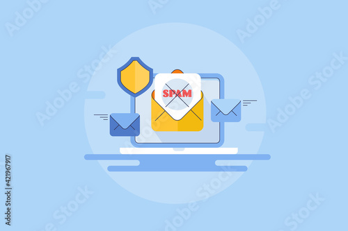 Concept of email spam protection with spam detection software, spam email message displays on laptop screen, virus protection with shield, secure email technology, web banner. 