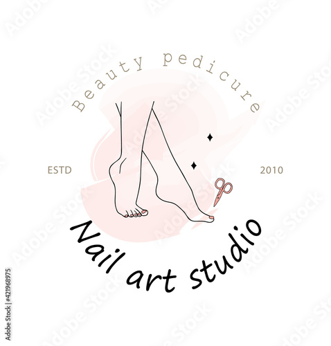 Nail art studio logo template. Pedicure icon. Modern design for beauty center, spa salon, manicure bar. Linear vector illustration with pink watercolor splash.