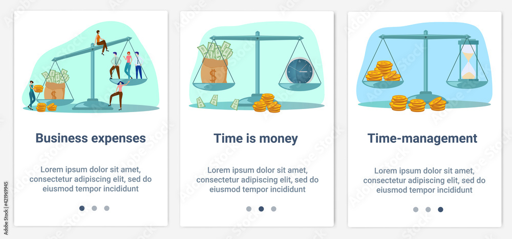 Modern flat illustrations in the form of a slider for web design. A set of UI and UX interfaces for the user interface.Topic Business expenses and time management.