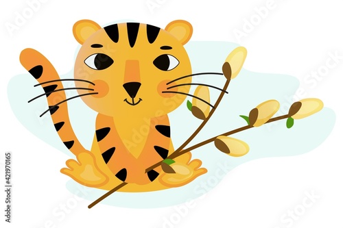 Cartoon striped tiger cub with a pussy willow branch. Cute mascot. Big eyes, long tail. Symbol of 2022. Isolated vector illustrations for Palm Sunday. Decoration of postcards, congratulations.