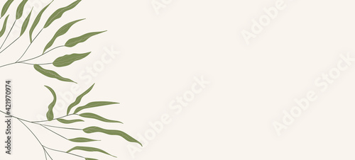Floral web banner with drawn color exotic leaves. Nature concept design. Modern floral compositions with summer branches. Vector illustration on the theme of ecology, natura, environment