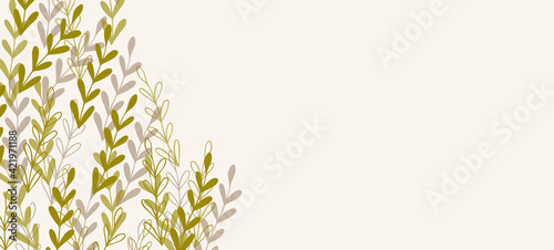 Floral web banner with drawn color exotic leaves. Nature concept design. Modern floral compositions with summer branches. Vector illustration on the theme of ecology, natura, environment