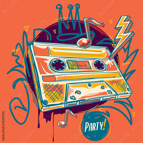 Music party - funky audio cassette, colorful decorative design