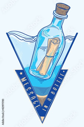 Message in a bottle drawn decorative emblem