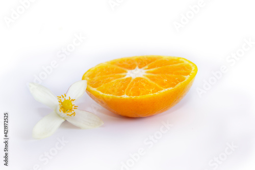 Two halves of tangerine fruit and white flowers on a white background.