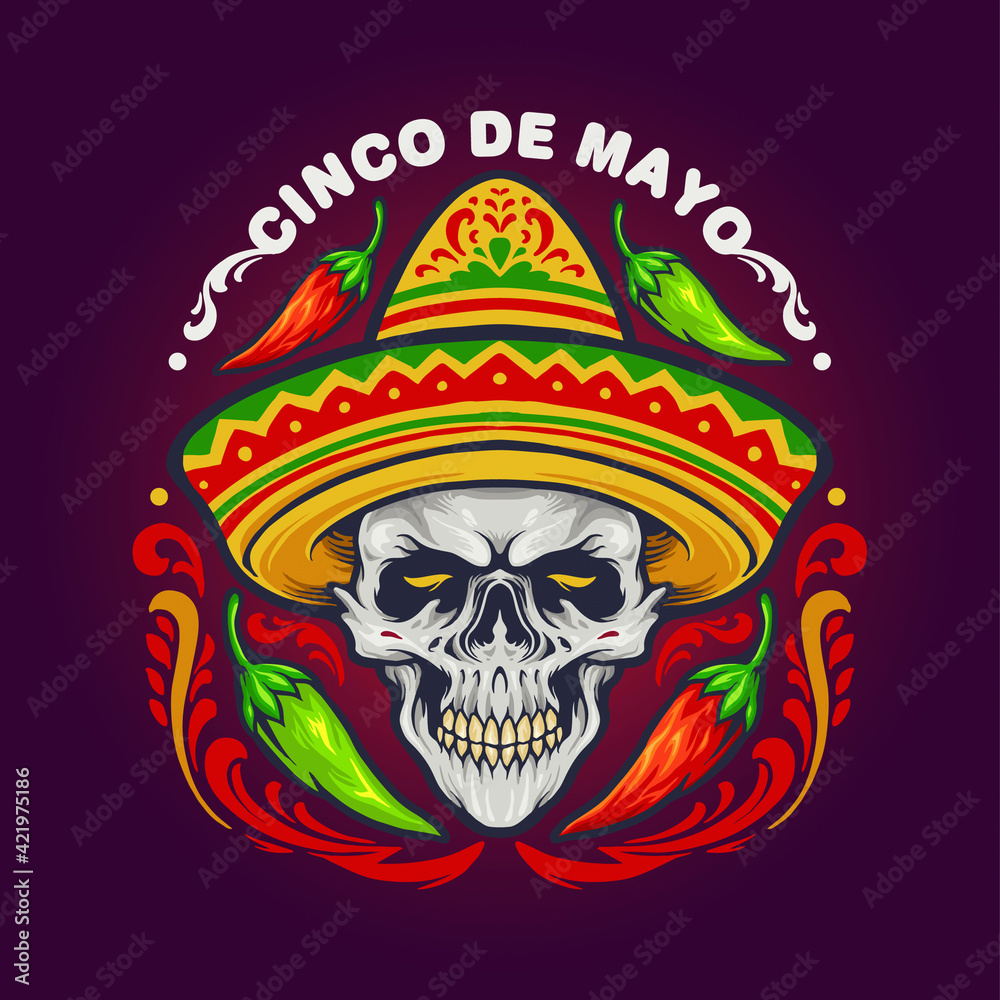 Cinco De Mayo Mexican Skull with Hat illustrations for your work Logo, mascot merchandise t-shirt, stickers and Label designs, poster, greeting cards advertising business company or brands.
