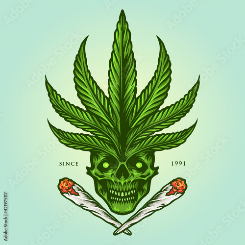 Cannabis Skull Joint Weed Smoke illustrations for your work Logo, mascot merchandise t-shirt, stickers and Label designs, poster, greeting cards advertising business company or brands.
