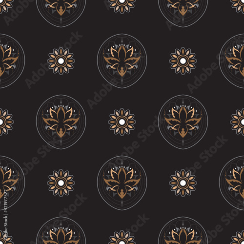 Dark lotus seamless pattern. Black and white. Good for menus, postcards, books, murals and fabrics. Vector