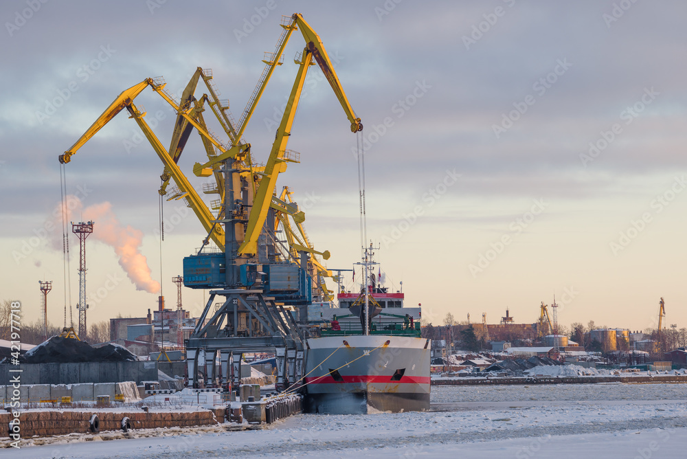 February evening in the port of Vyborg. Leningrad region. Russia