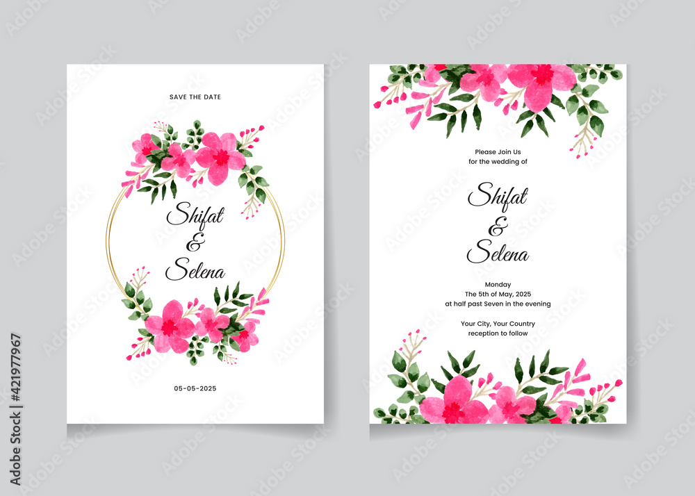 Set of wedding watercolor invitation with blue splash and beautiful leaves