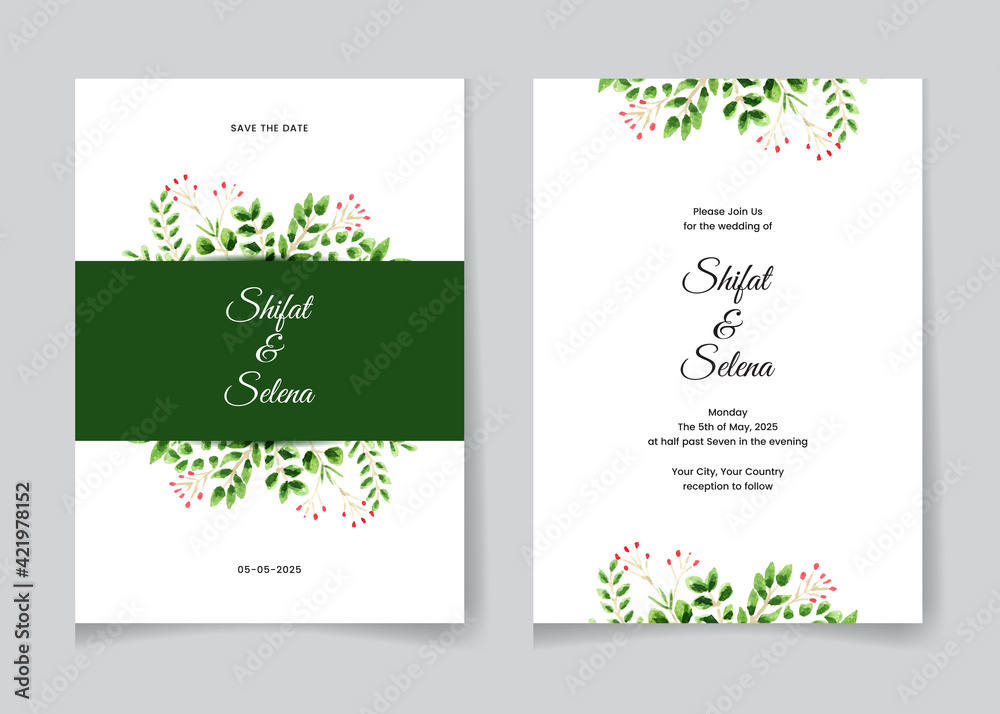 Set of wedding watercolor invitation with blue splash and beautiful leaves