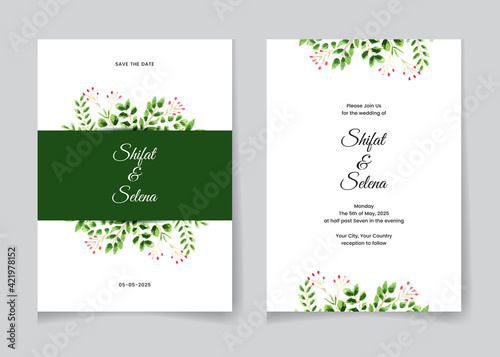 Set of wedding watercolor invitation with blue splash and beautiful leaves