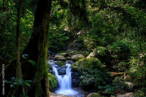 Waterfall in the forest or motion of water at brook of water fall. with tree leaf and stone rock. at Spun or Span Nan province, Thailand, Asia.