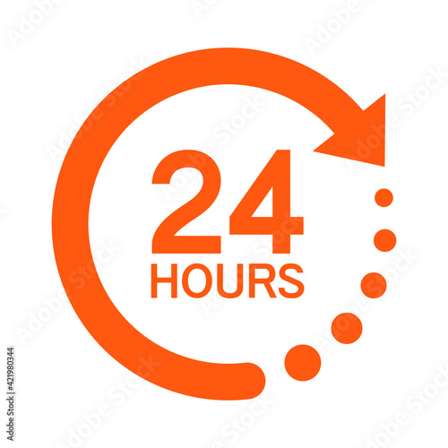Twenty four hour with arrow loop icon, 24 hours cyclic sign, Opened order execution or delivery, All day business and service, Vector design illustration