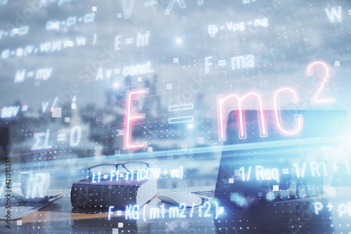 Double exposure of formula drawing and desk with open notebook background. Concept of education