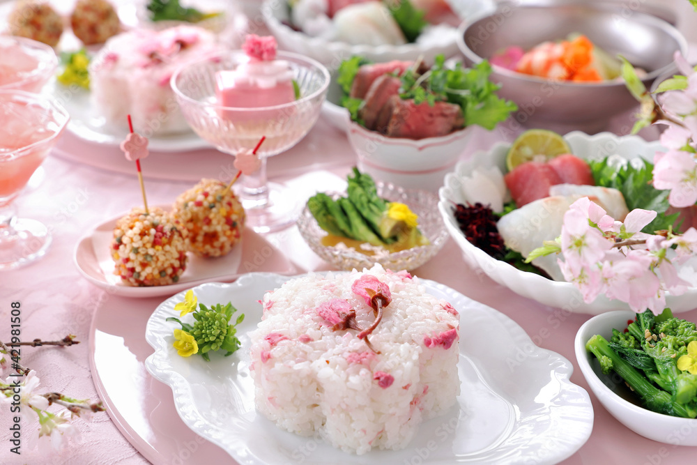 Home made spring lunch plate with cherry blossom rice, roast beef, sashimi, spring vegetables, cherry blossom tofu for cherry blossom viewing. お花見ランチ お花見御膳 さくら御膳 桜御膳 おうちでお花見 Home made spring lunch plate with cherry blossom rice, roast beef, sashimi, spring vegetables, cherry blossom tofu for cherry blossom viewing. お花見ランチ お花見御膳 さくら御膳 桜御膳 おうちでお花見