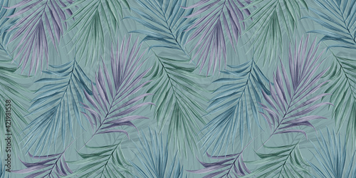 Tropical seamless pattern with pastel pink, blue, green palm leaves on mint background. Hand-drawn exotiс vintage illustration, texture. For luxury wallpapers, wrapping paper, cloth, fabric printing