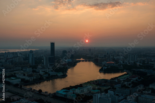 colorful sunset over Yekaterinburg from the observation deck