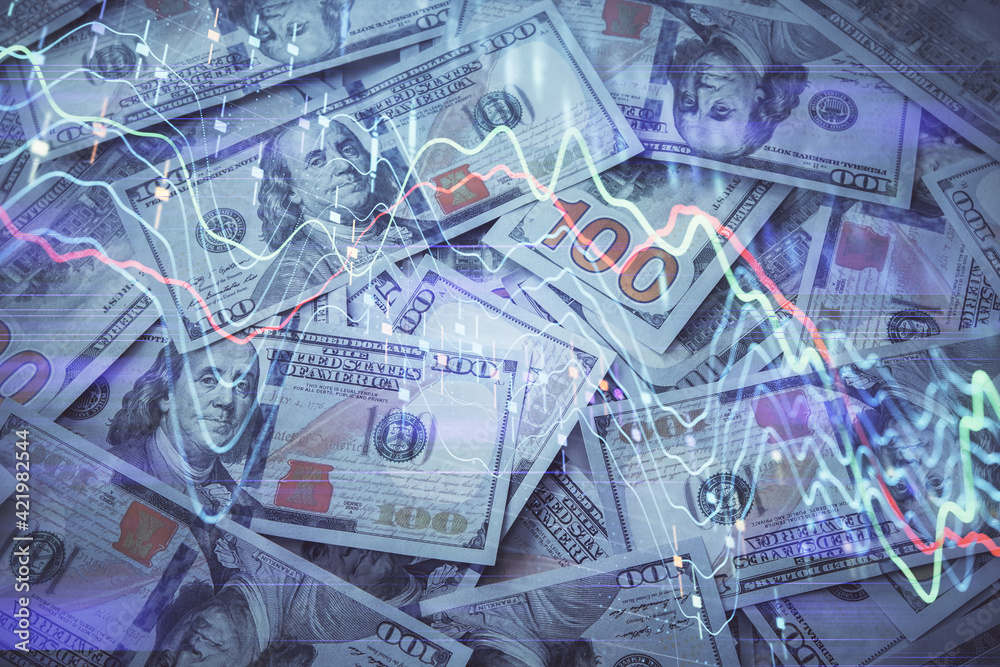 Double exposure of forex graph drawing over us dollars bill background. Concept of financial markets. Double exposure of forex graph drawing over us dollars bill background. Concept of financial markets.