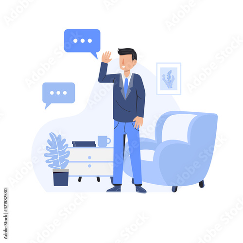man with laptop, man working, working from home, connection error, working flat illustration, working with tables and chairs, one character