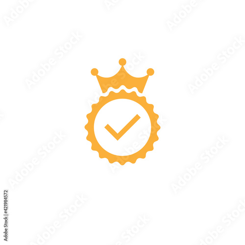 Valid Seal icon. Gold circle with royal crown and tick. Flat OK sticker icon. Isolated on white.