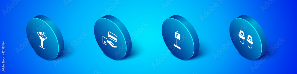 Set Isometric Martini glass, Parking, Hotel slippers and Digital door lock icon. Vector Set Isometric Martini glass, Parking, Hotel slippers and Digital door lock icon. Vector