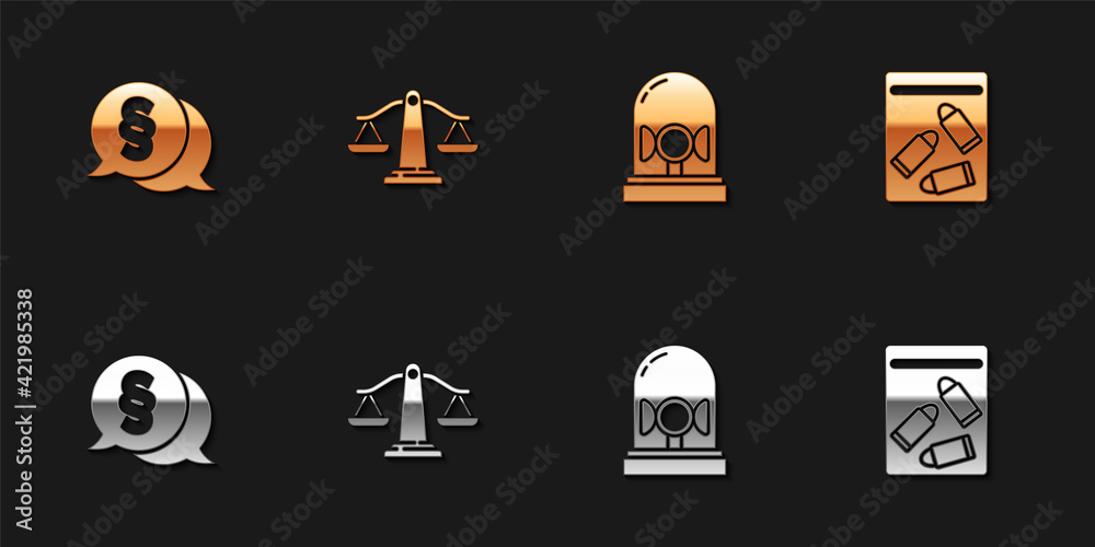 Set Law, Scales of justice, Flasher siren and Evidence bag and bullet icon. Vector
